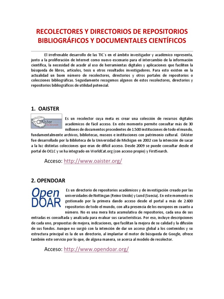 Recolectores Y Directorios De Repositorios Bibliográficos Cient