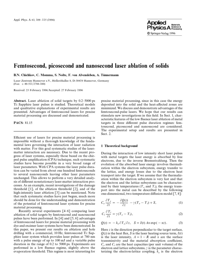 Femtosecond Picosecond and Nanosecond Laser Ablation of Solids | PDF ...