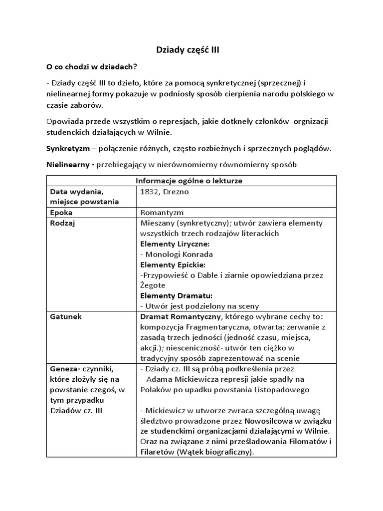 Dziady Cz 3 Akt 1 Scena 1 Dziady Część III Opracowanie | PDF