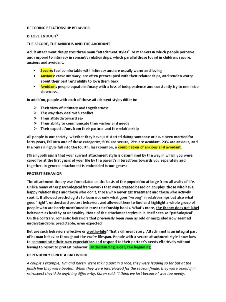 Decoding Relationship Behavior | PDF | Attachment Theory | Cognitive ...