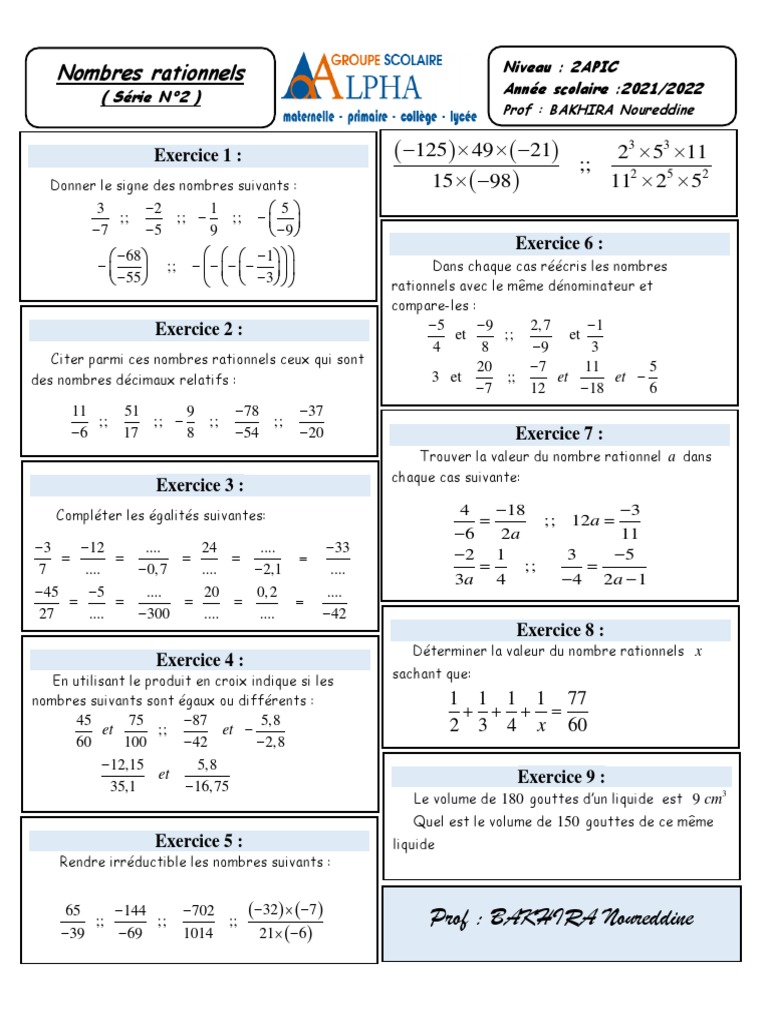 Exercices sur les Nombres Rationnels 2AC | PDF | Nombre rationnel ...