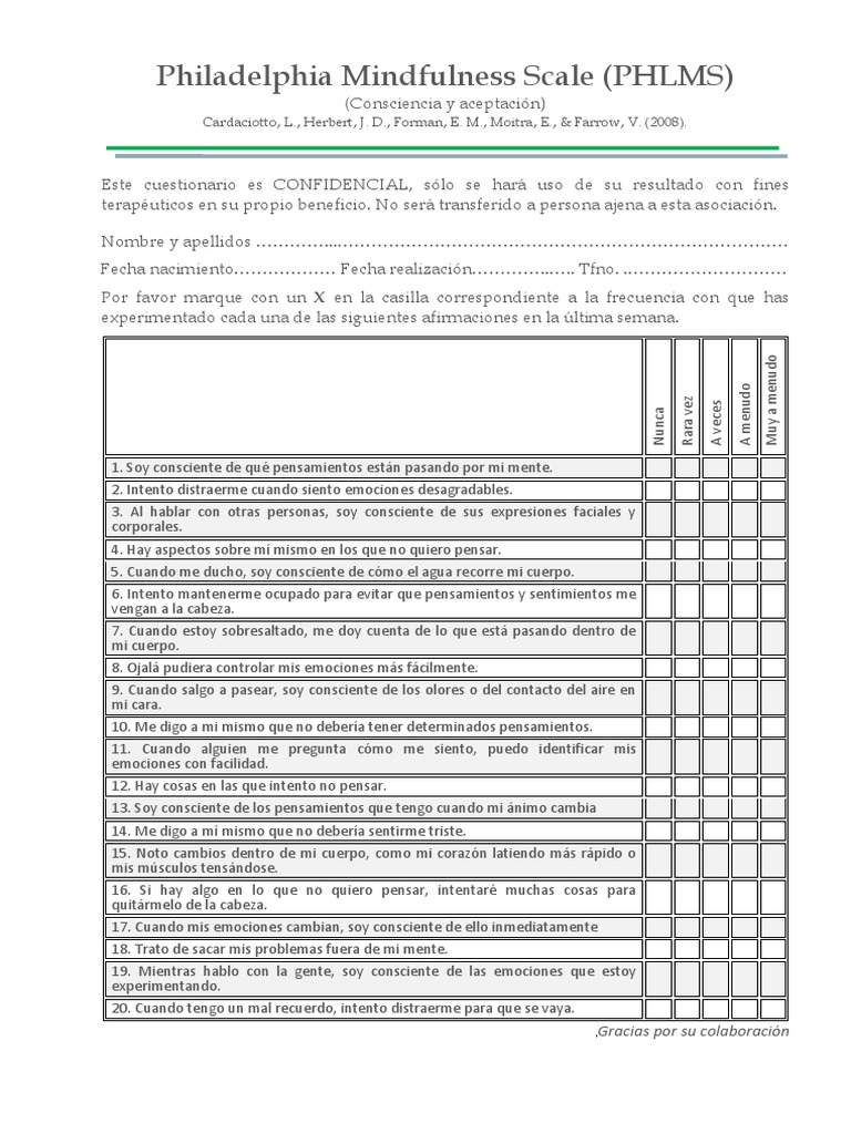 Philadelphia Mindfulness Scale PDF Pensamiento Las emociones