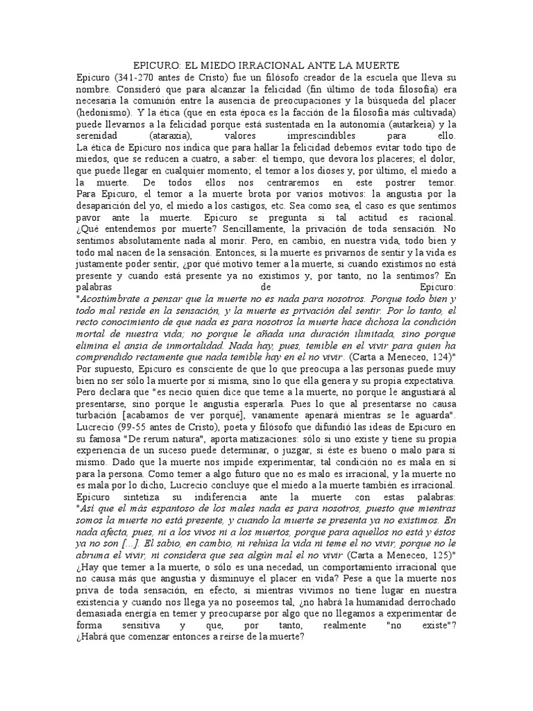Epicuro y el miedo a la muerte | PDF | Temor | Felicidad