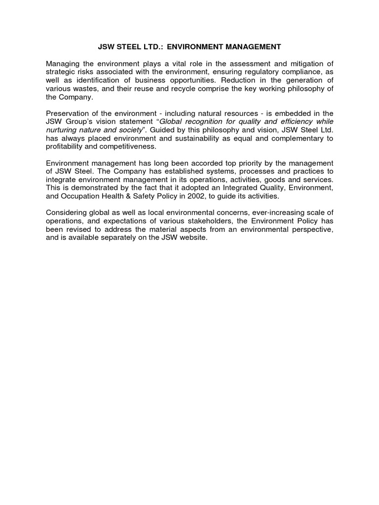 JSW Steel Environmental Performance Key Facts 2 PDF Steel