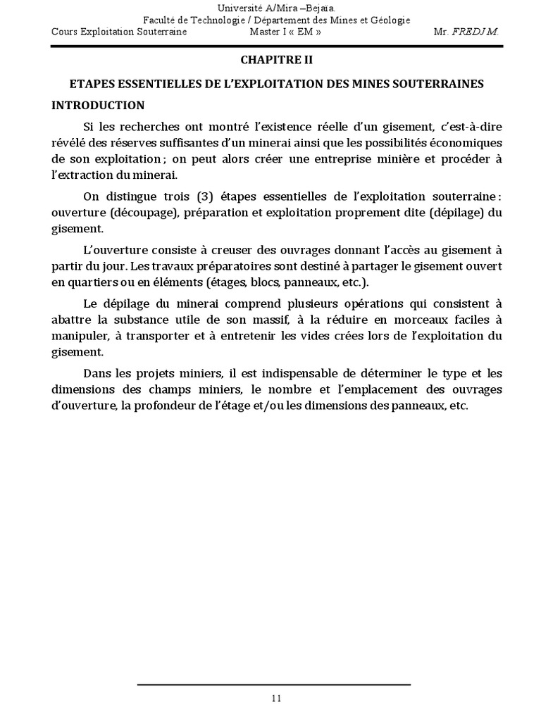 Master 1 EM. Module Exploitation Souterraine Chapitre II | PDF ...