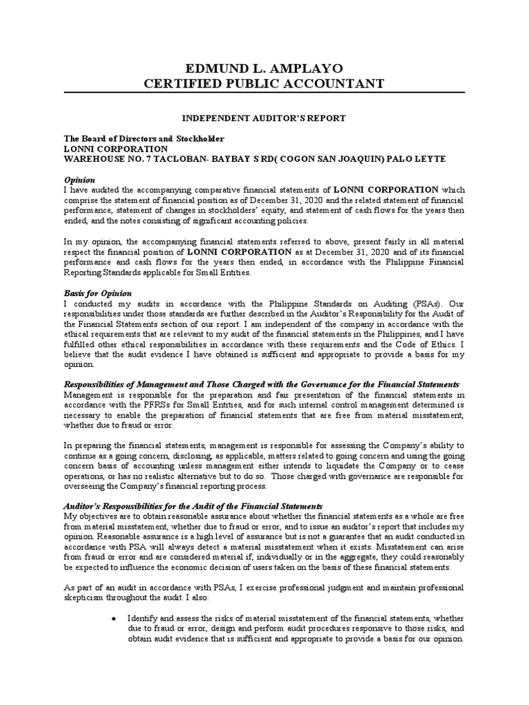 Audit Report for Lonni Corp. | PDF | Going Concern | Financial Audit