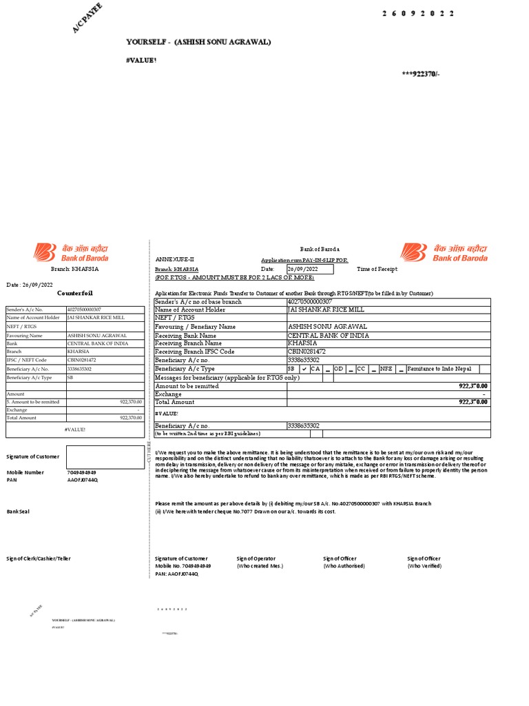 Bank of Baroda NEFT RTGS Form | PDF | Microsoft Excel | Financial Services
