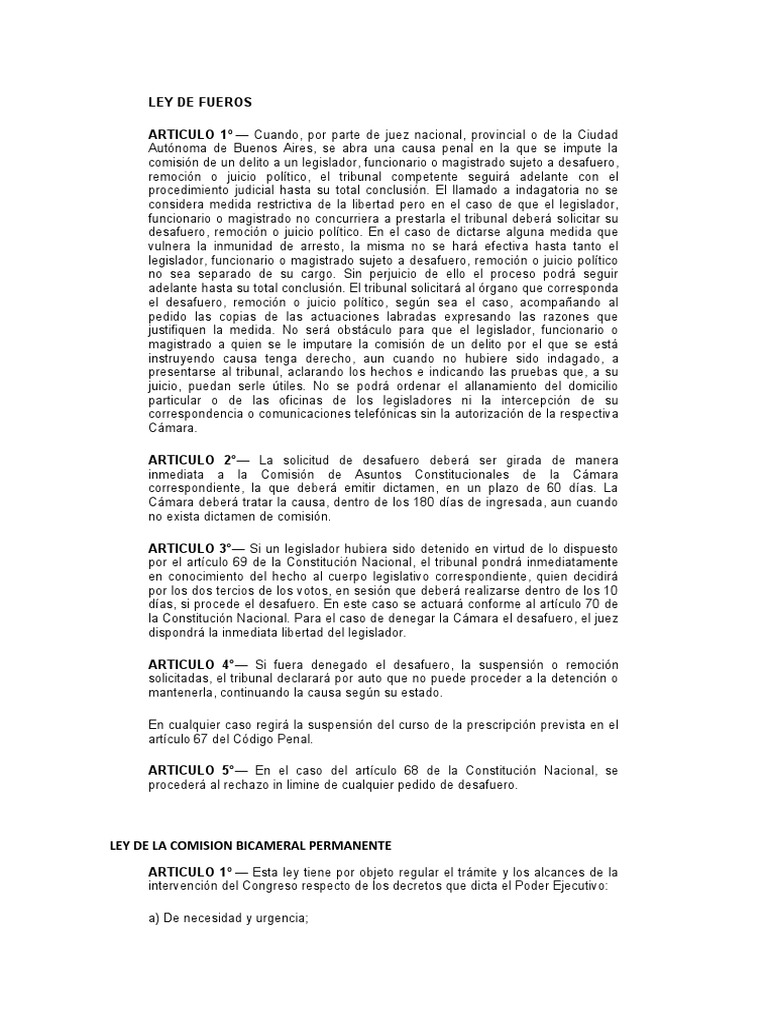Ley de Fueros y Comision Vicameral Permanente PDF El proceso de destitución Justicia