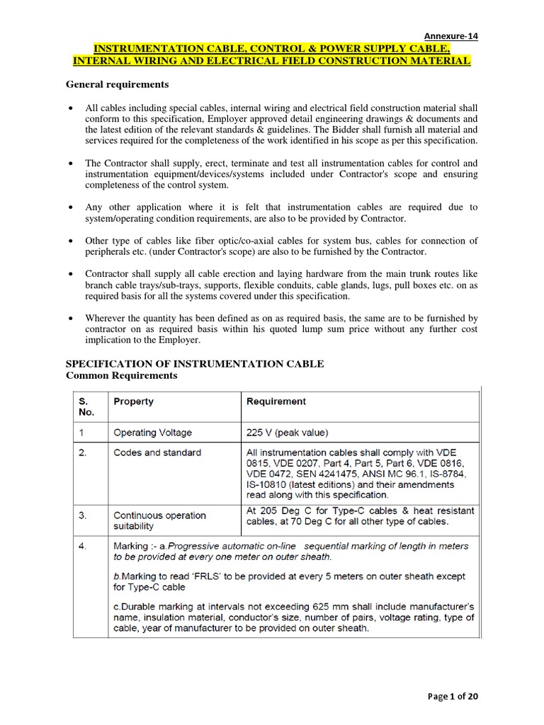 Instrumentation and Power Cable Specifications | PDF | Electrical ...