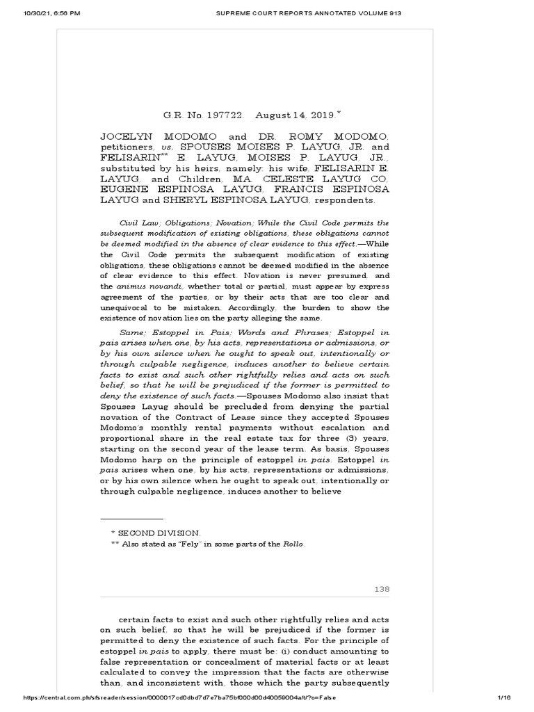 Modomo vs. Layug, JR., 913 SCRA 137, August 14, 2019 | PDF | Lease ...