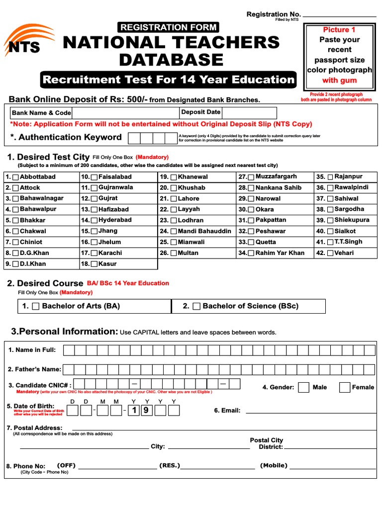 NTS Registration Form for Teacher Recruitment | PDF | Rupee | Academic ...