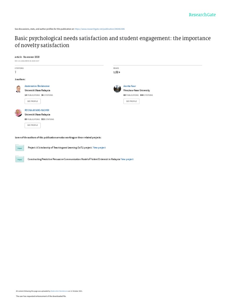 Basic Psychological Needs Satisfaction and Student Engagement The ...