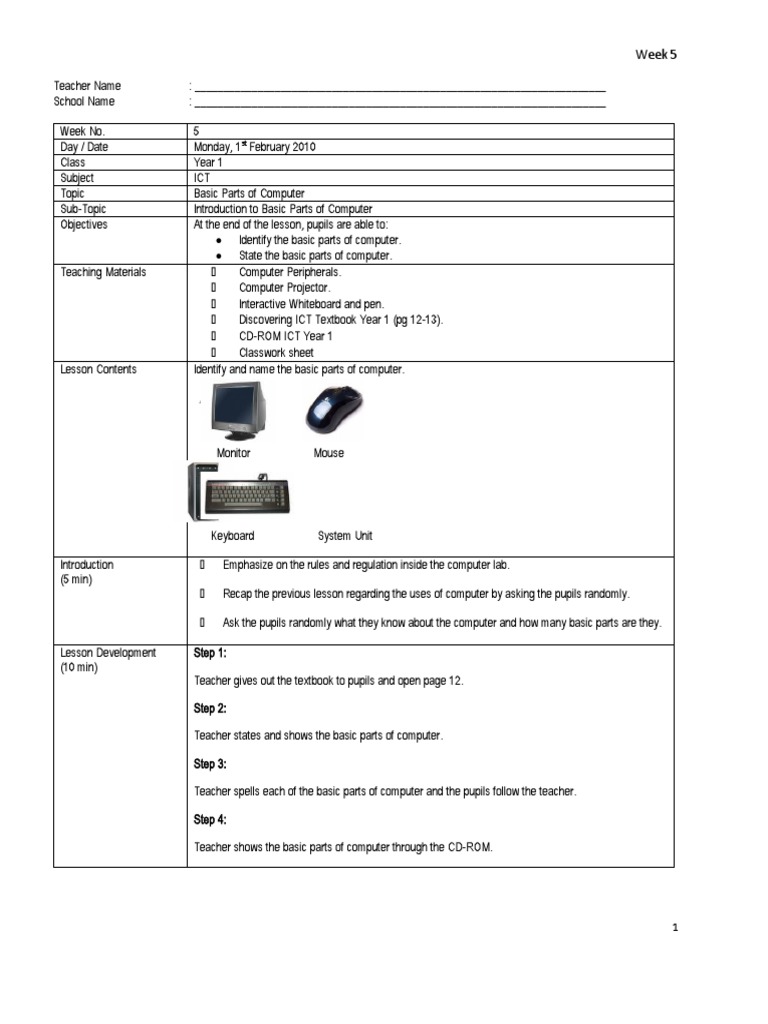 LESSON PLAN - Introduction-To-Basic-Parts-Of-Computer | PDF ...