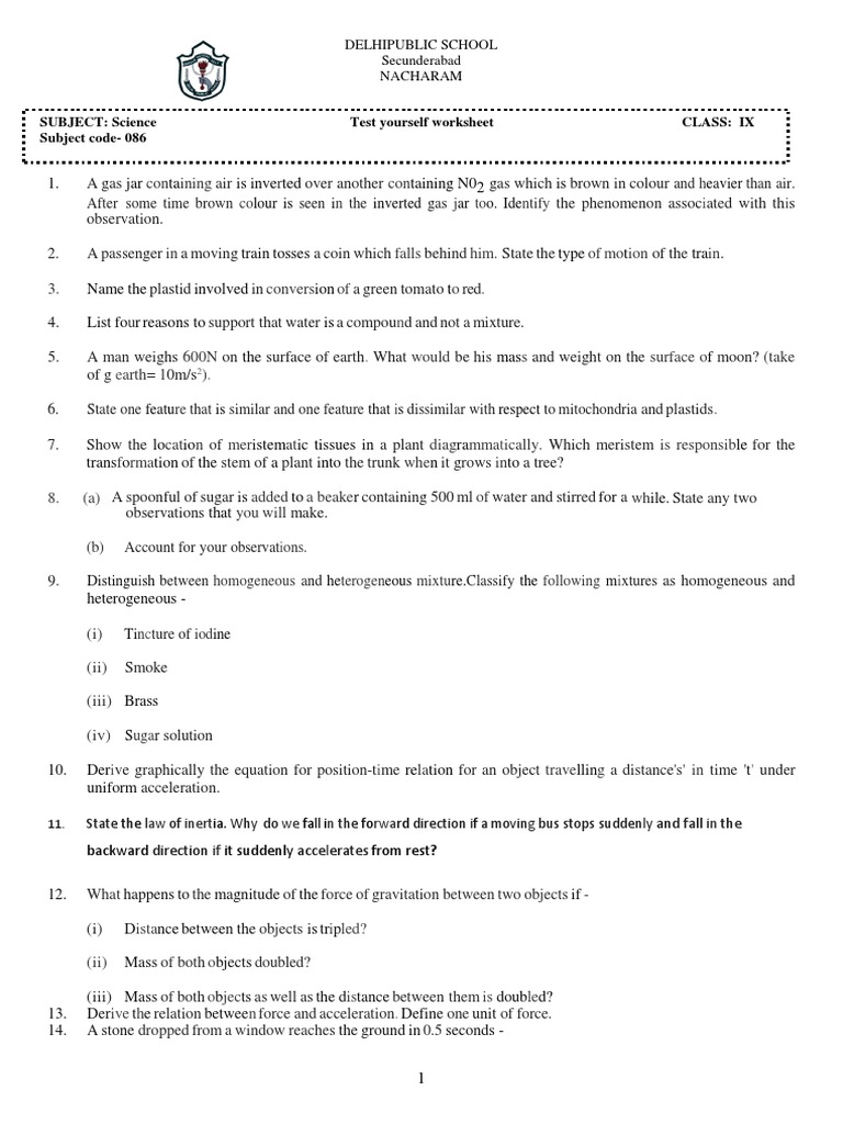 SUBJECT: Science Test Yourself Worksheet Class: Ix Subject Code-086 ...