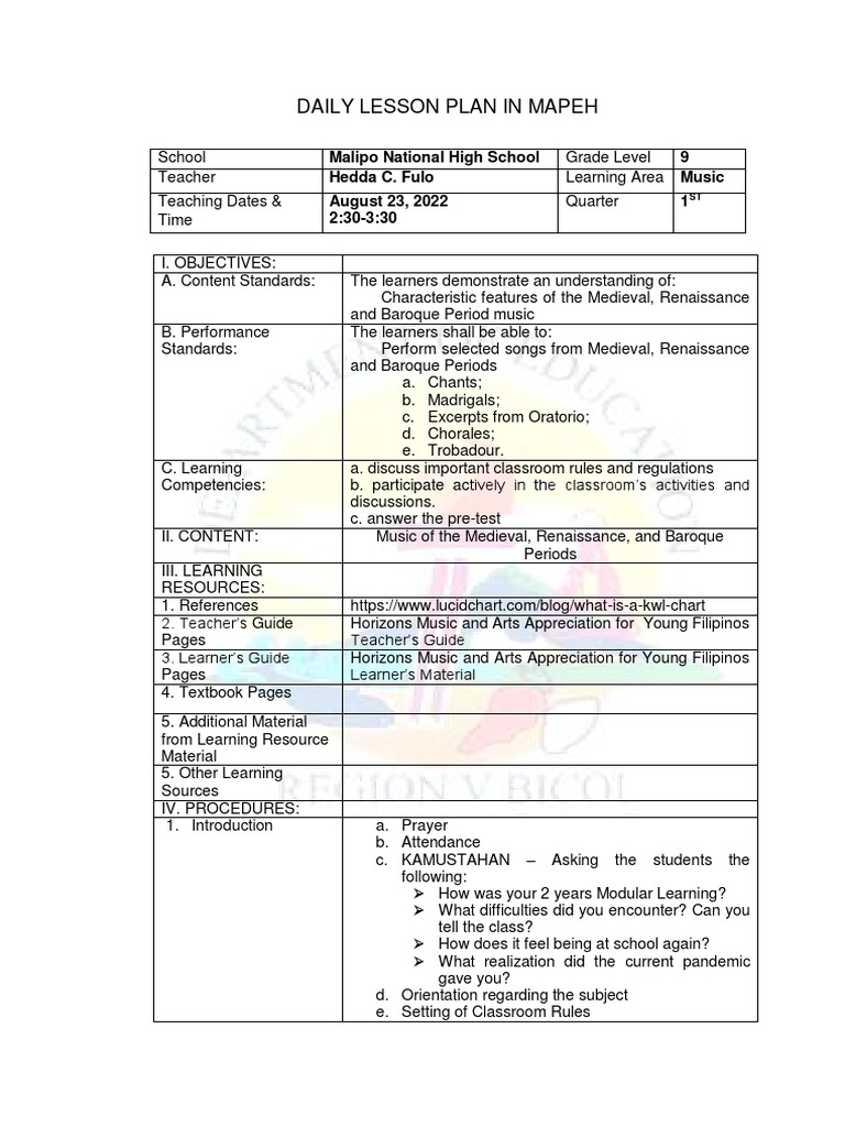 MAPEH 9 Daily Lesson Plan Q1 | PDF | Learning | Teachers
