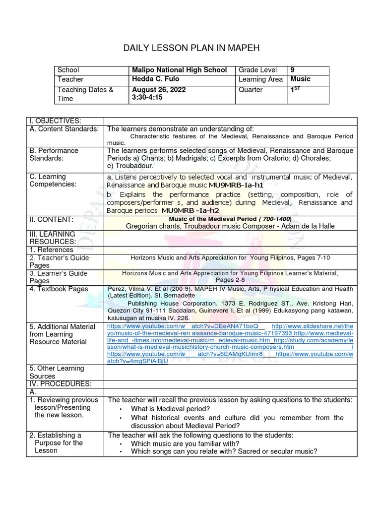 DLP IN MAPEH 9 3rd Meeting | PDF | Teachers | Learning
