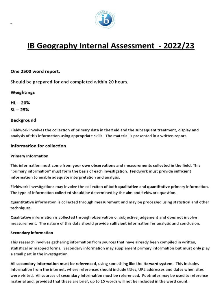 IB Geography Internal Assessment Instructions 2020 PDF Information