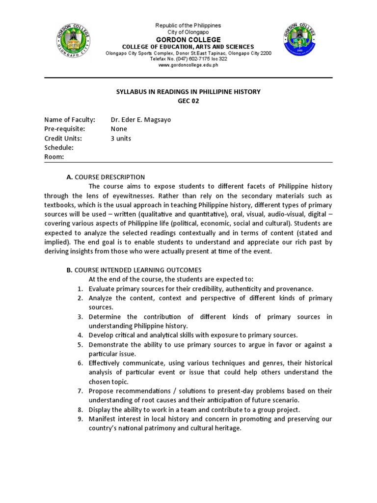 READINGS IN PHILLIPINE HISTORY Syllabus PDF Philippines Primary