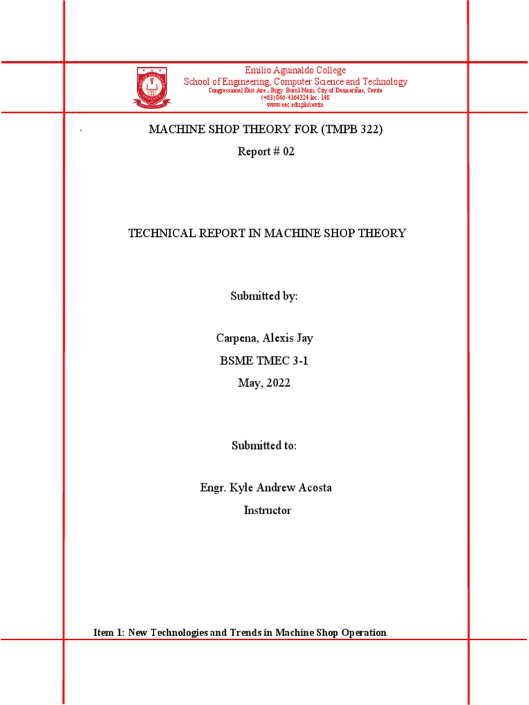 Machine Shop Theory Technical Report Finals PDF Machining Numerical Control