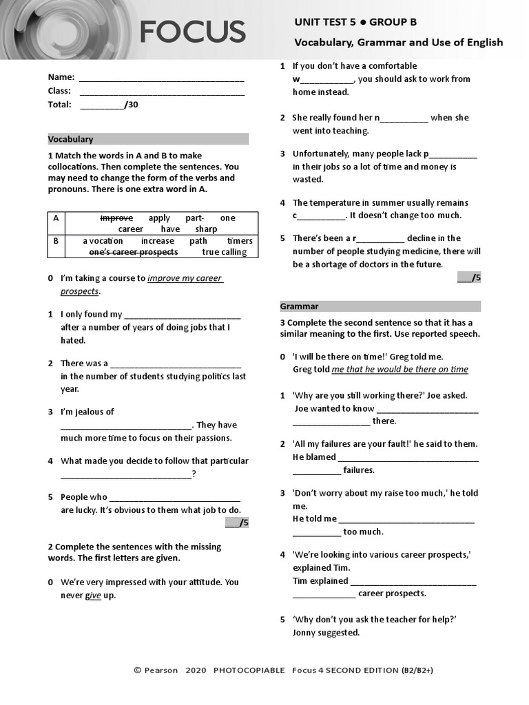 Focus4 2E Unit Test Vocabulary Grammar UoE Unit5 GroupB | PDF | Linguistics