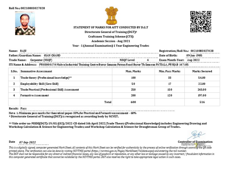 AITT Marksheet for Carpenter Trade | PDF