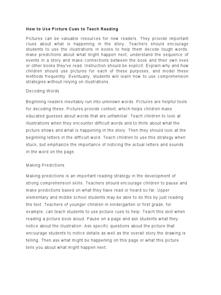 Teaching Reading with Picture Cues | PDF | Phonics | Educational Assessment