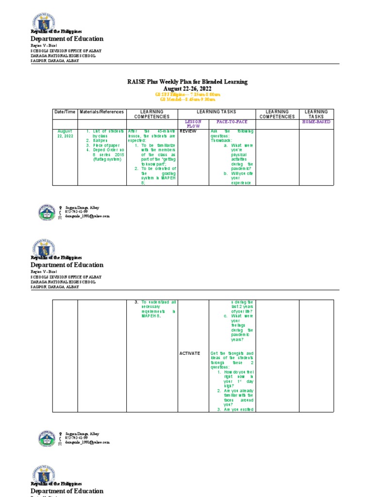 RAISE Plus Weekly Plan For Blended Learning in G80822262022 PDF