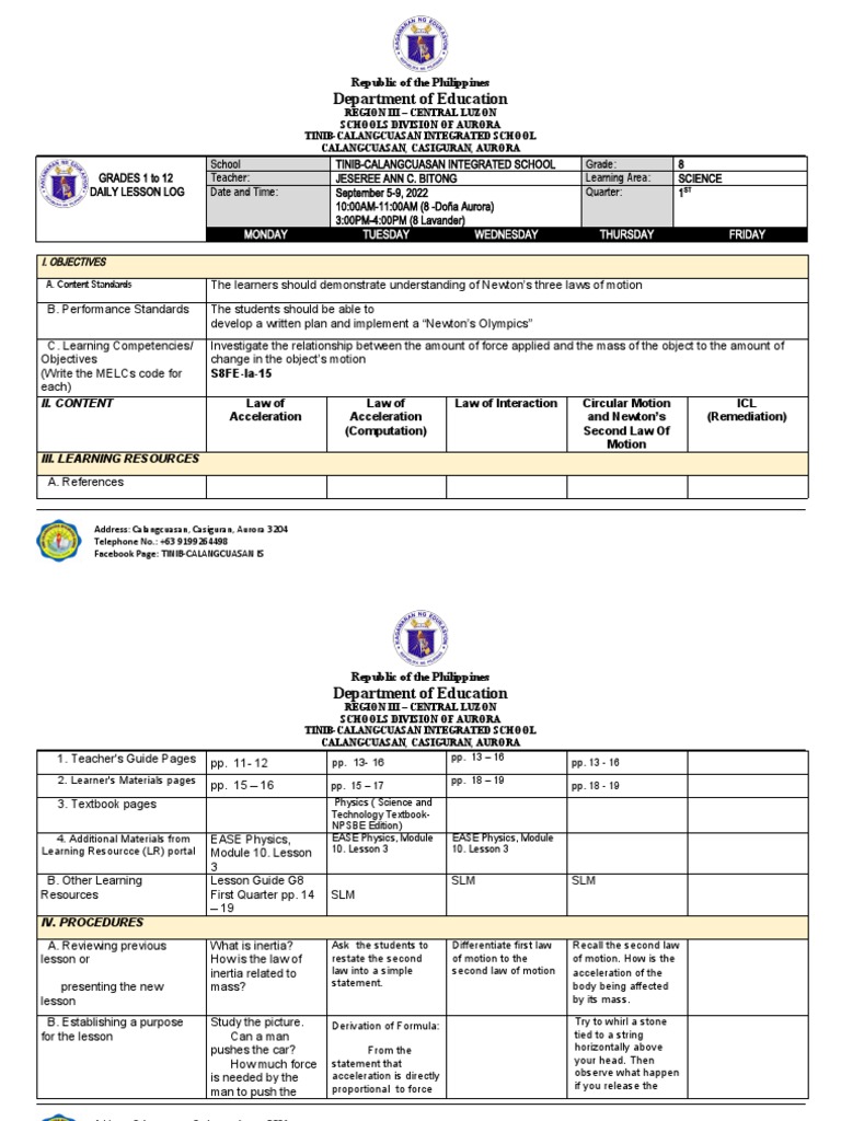Grade 8 Science Daily Lesson Log | PDF | Force | Acceleration