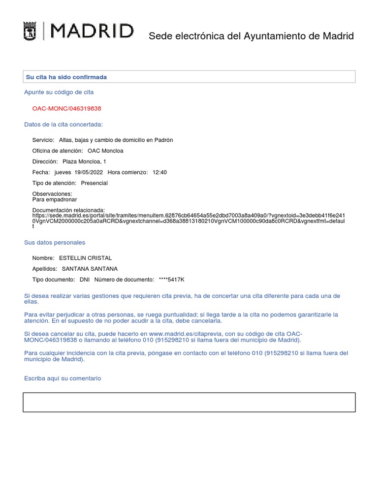 Confirmación de cita en OAC Moncloa | PDF | Madrid | Privacidad de la ...