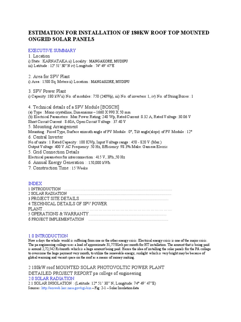 180kW On-Grid Solar Installation Report | PDF | Photovoltaic System ...