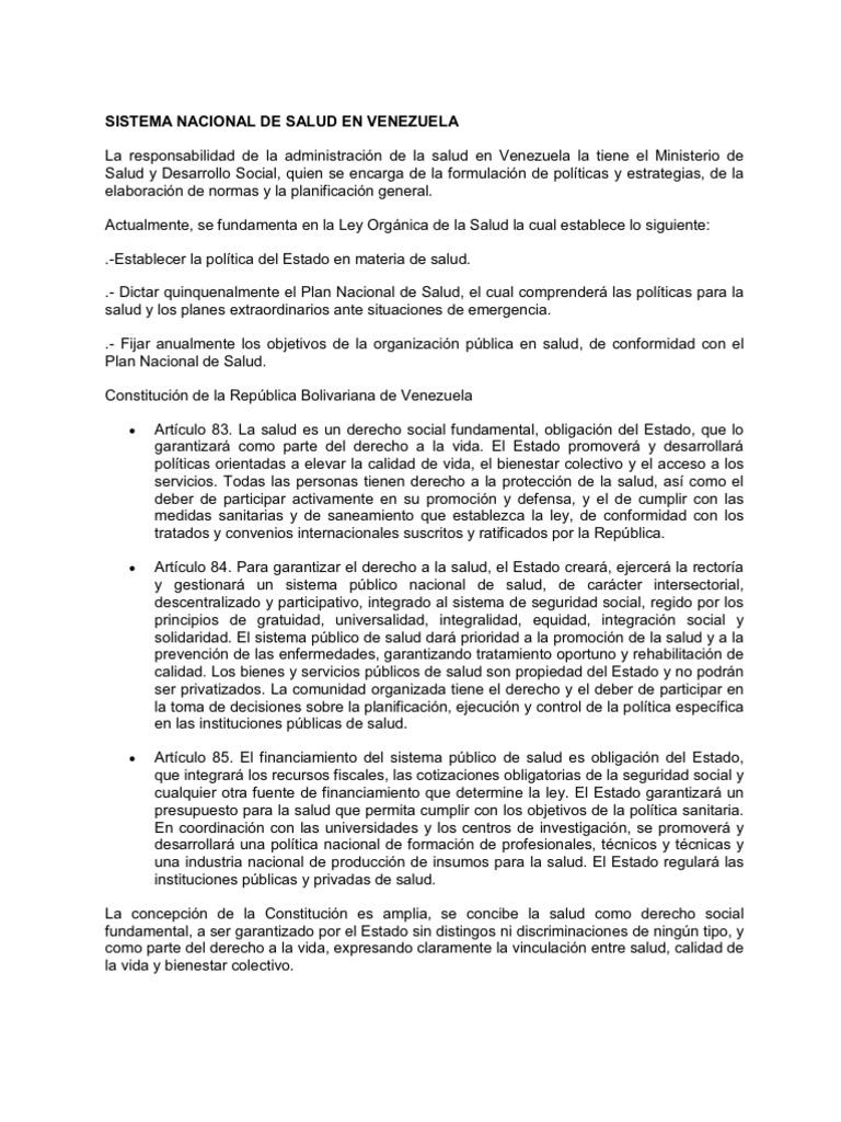 Sistema Nacional de Salud en Venezuela | PDF | Estado (política ...