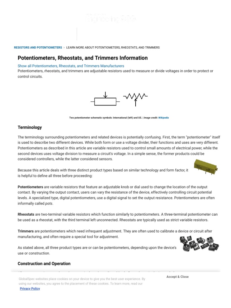 Potentiometers, Rheostats, and Trimmers Selection Guide Types