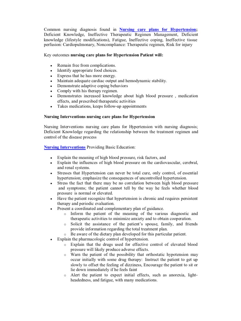 Common Nursing Diagnosis Found in Nursing Care Plans for Hypertension