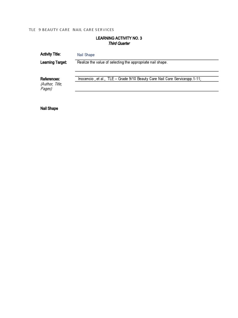 Tle 9 Beauty Care Nail Care Services PDF Nail (Anatomy)