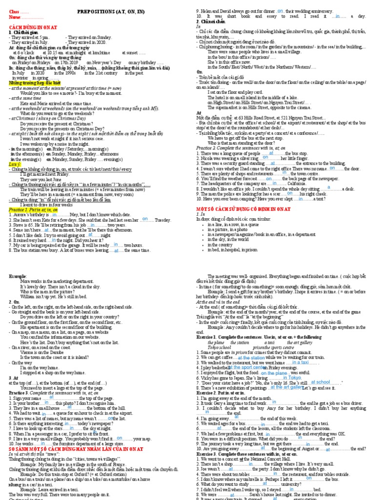 12 Prepositions At On In Pdf