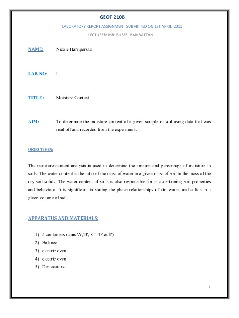 Geotechnics Moisture Content Lab Report PDF Soil Nature