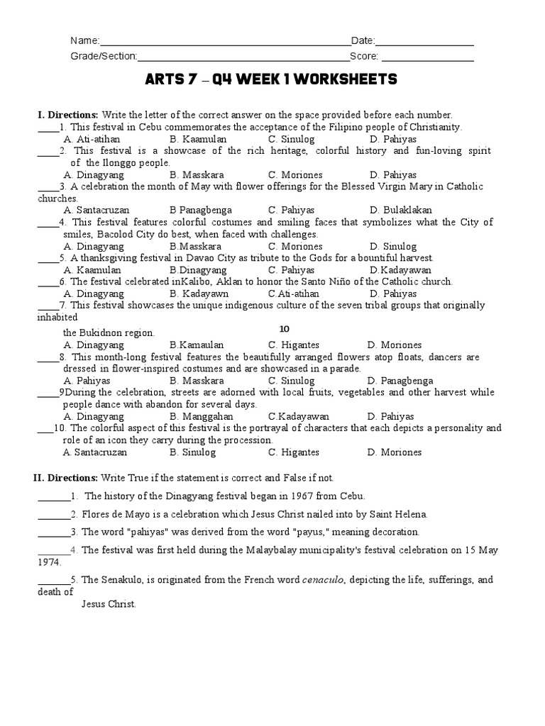 Grade 7 Arts Festival Worksheets | PDF | Composition (Visual Arts) | Cebu