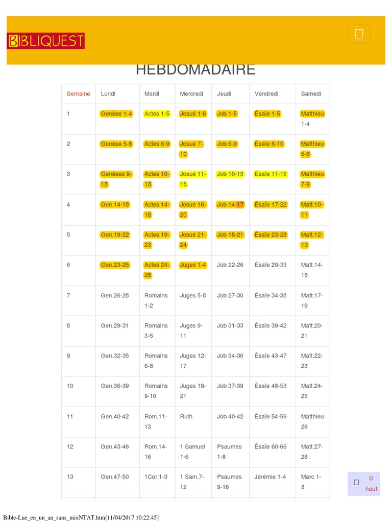 Plan de lecture de la Bible en 1 an | PDF | Bible | Livres sur la Bible ...