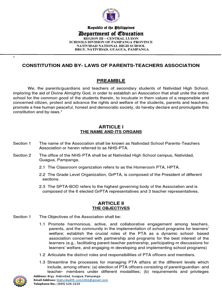 Constitution and ByLaws of the Natividad National High School Parents