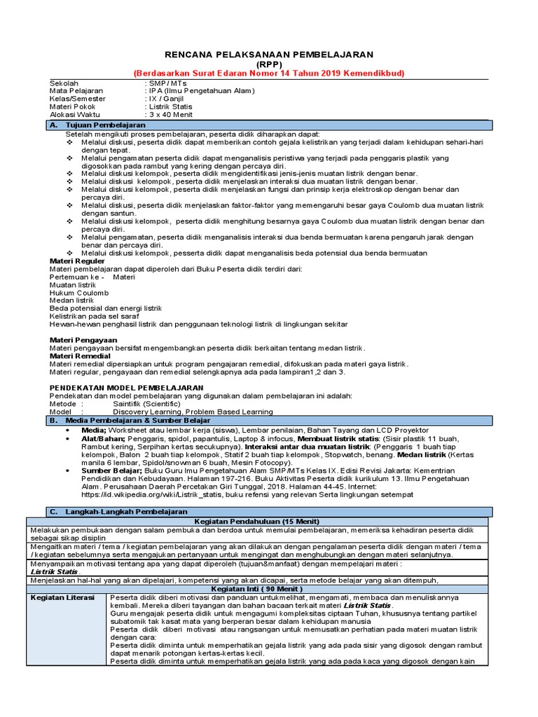 RPP 1 Lembar IPA Kelas 9 Semester 1 Listrik Statis K13 Media Genggaman