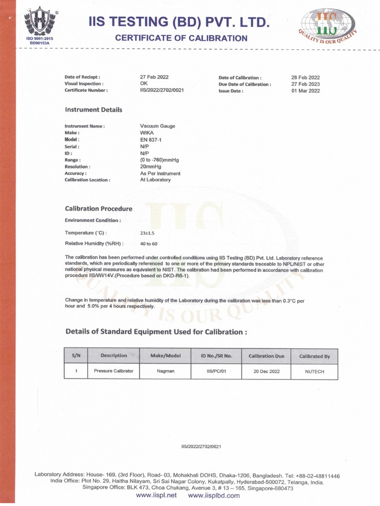 Vacuum Device Calibration Certificate PDF