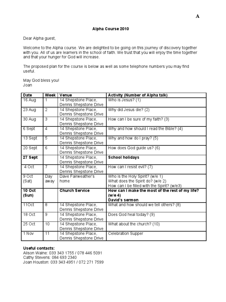 Alpha Course Schedule 2010 | PDF