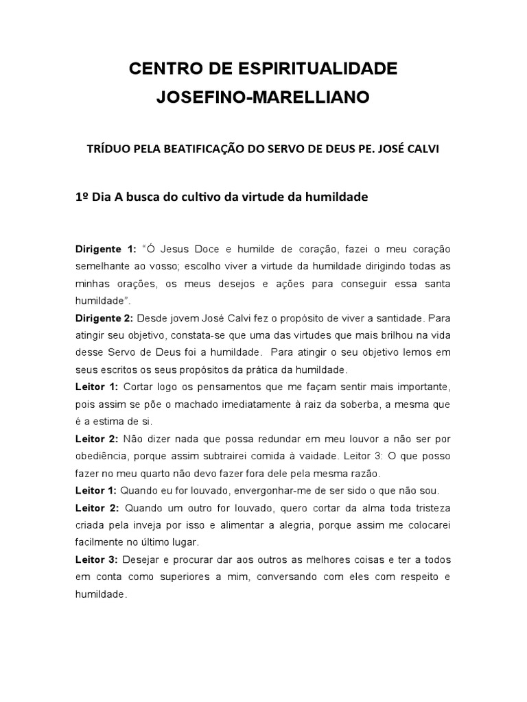 1° Triduo Servo de Deus Pe José Calvi PDF Humildade Oração