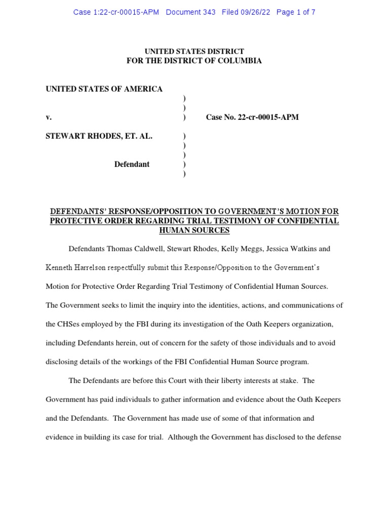 Caldwell, Rhodes, Et Al Opposition To DOJ Motion For Protective Order September 2022 PDF