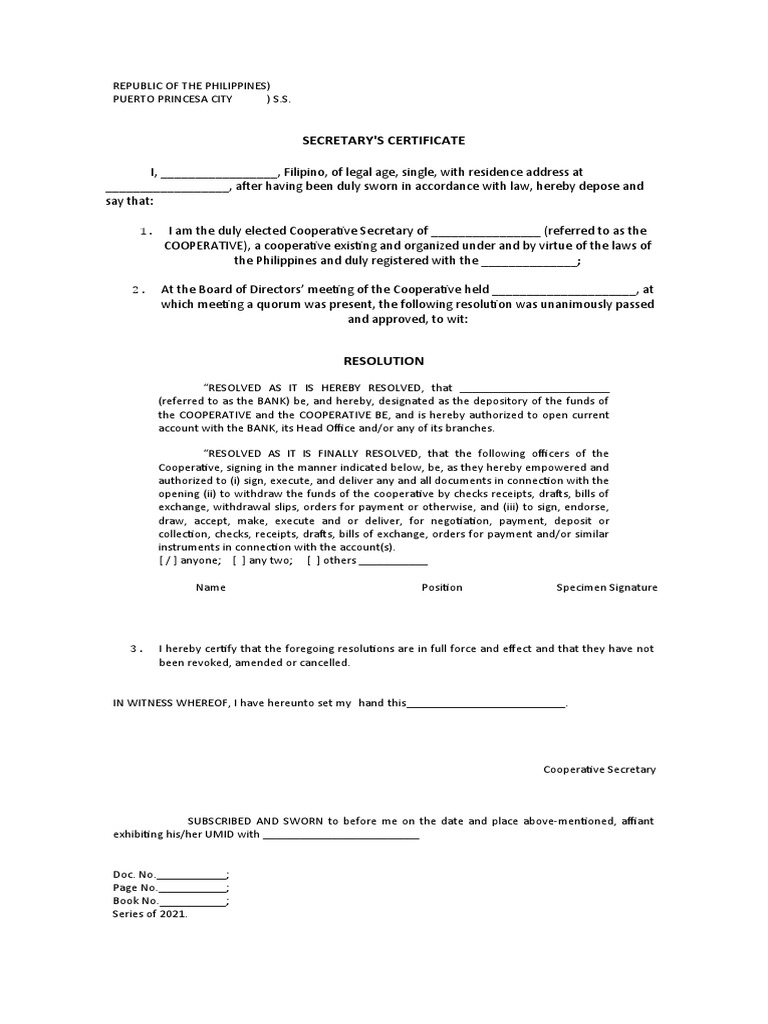 Secretary Certificate For Opening of Bank Account PDF Banking Financial Services