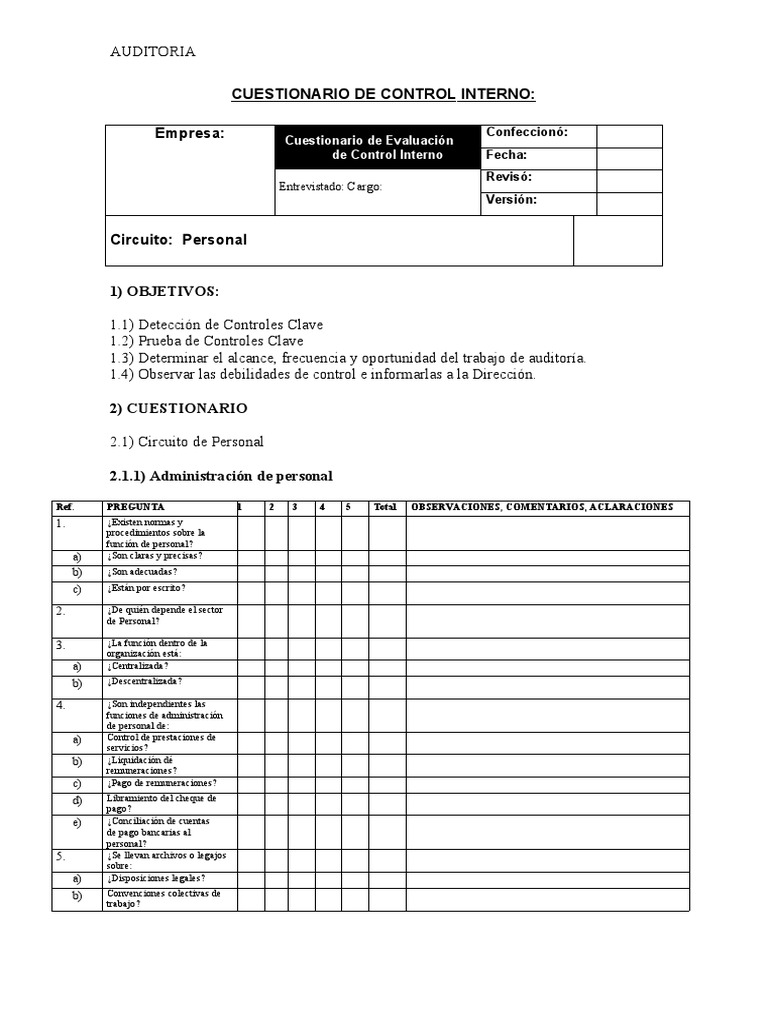 Cuestionarios de Control Interno | PDF | Salario | Auditoría