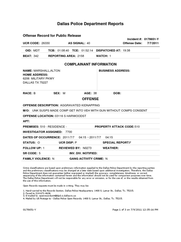 Dallas Police Report: Alton Marshall Kidnapping | PDF | Crime ...