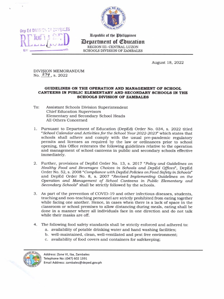 DM No. 274 S. 2022Guidelines On The Operation and Management of School