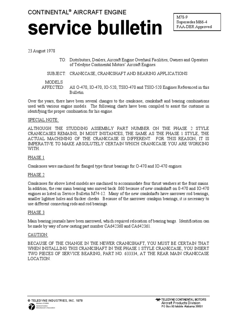 Service bulletin continental aircraft engine pdf bearing