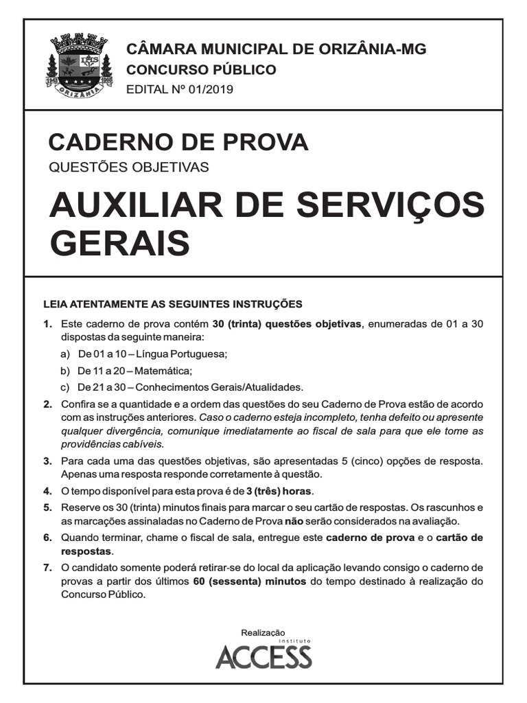 Orizânia2019 - Auxiliar de Serviços Gerais (B101) - Prova | PDF ...